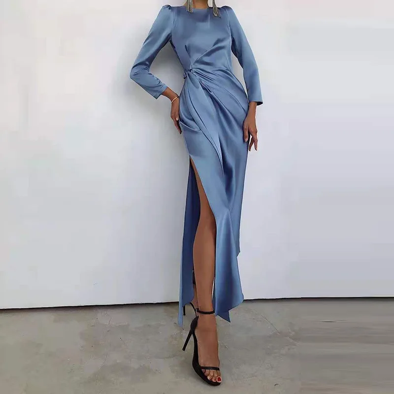 Women's Satin Long Dr with Slit And Lantern Sves High Waist A-Line Skirt V-Ne Single Button Closure Commute Sle