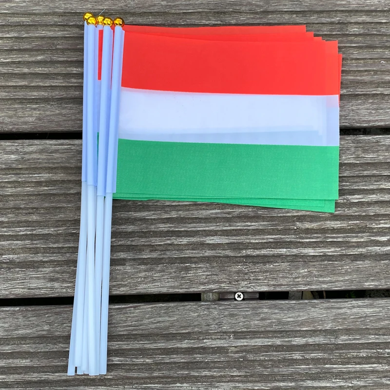 

xvggdg Hungary hand flag 14 * 21cm hand wave flags 100pcs / bag with plastic flagpole Polyester Printing banne