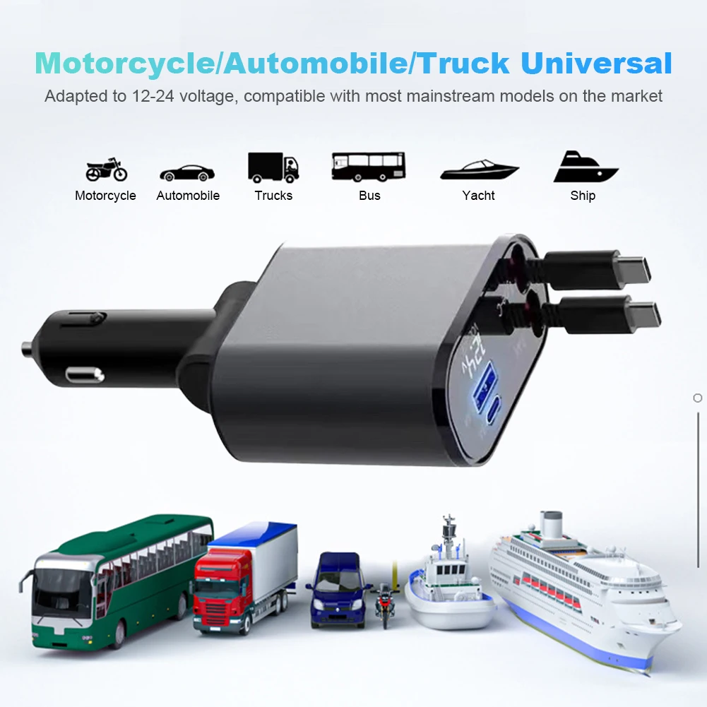 4 IN 1 140W PD QC3.0 Flexible Retractable Car Fast Charger for Apple USB Type C Super Fast Charger Cigarette Lighter Adapter