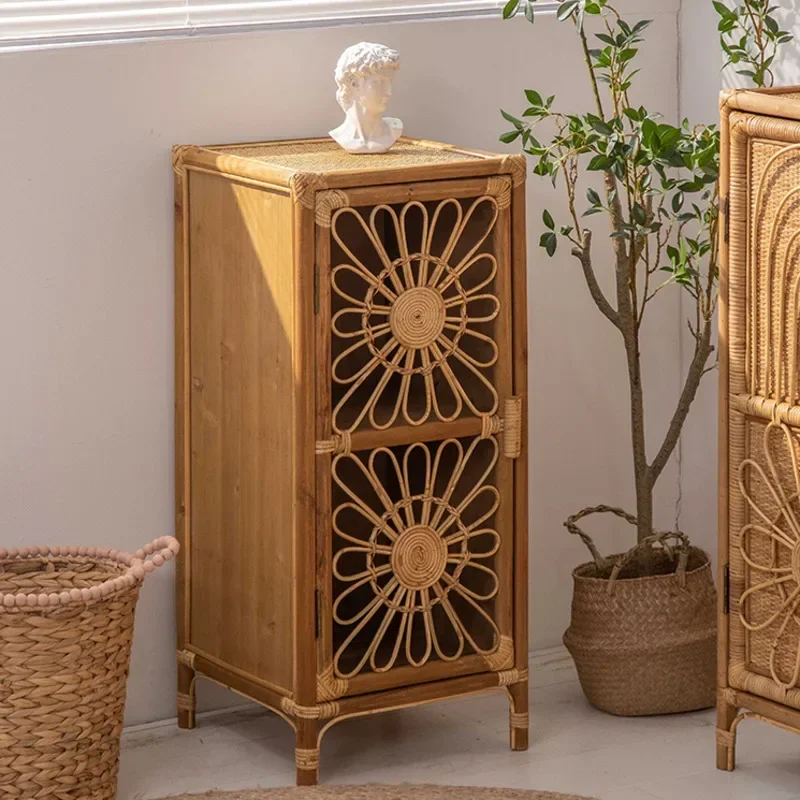 Retro Rattan Woven Meal Side Cabinet Light Luxury Living Room Cabinets Porch Locker for Small Family Homestay