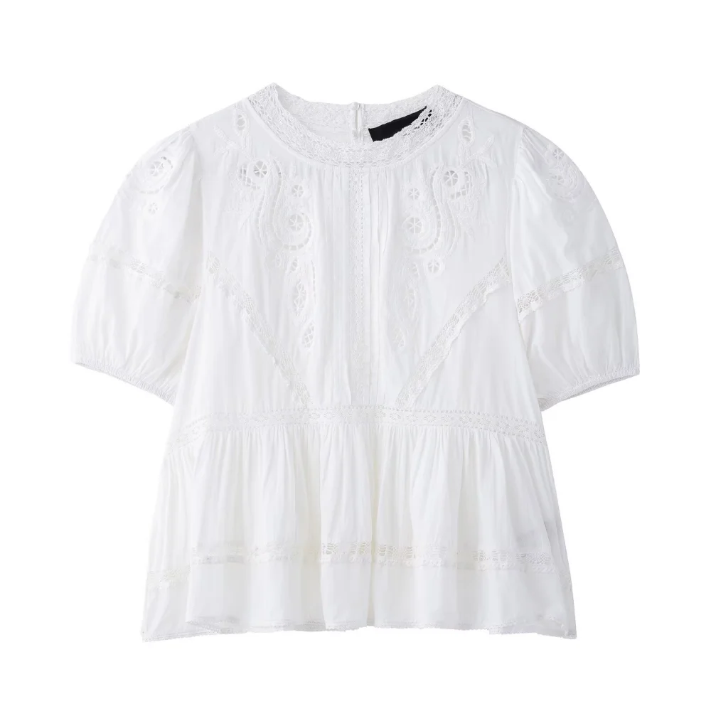 2025 BM&MD&ZA Women's Short - sleeve Top with Round Neckline Delicate Lace and Embroidery Details Puff Sleeve and Ruffled Hem