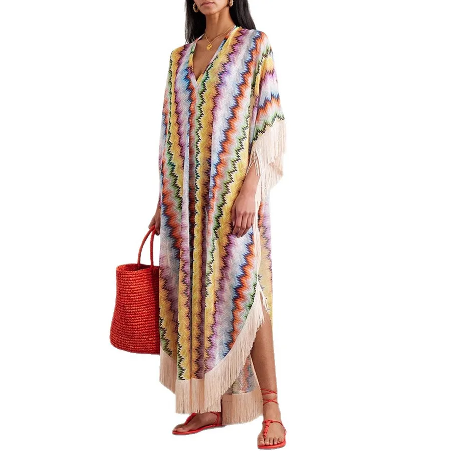 Bohemian Wave Print Lange Jurken Damesmode Casual Vakantiestijl Onregelmatige V-hals Losse Jurk Kwastje Patchwork Strand Vestido