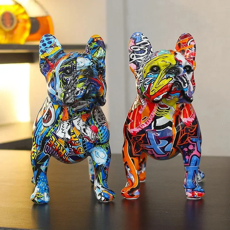 

17cm Colorful Standing French Bulldog Resin Statue Decoration Graffiti Crafts Desktop Animal Statue Decoration