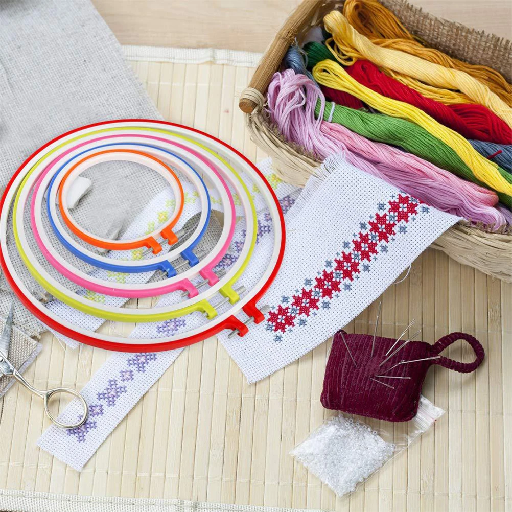 

5pcs Cross Stitch Kit Embroidery Hoop Diy Circle For Needlework Quilting Craft Decoration Beginner Plastic Ring Tool