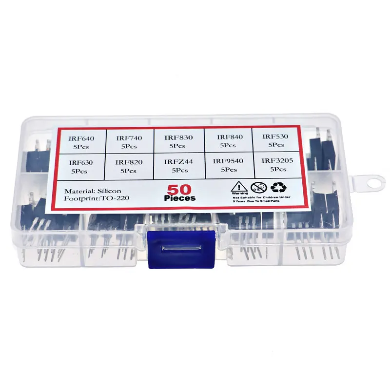 

Комплект полевых транзисторов TO-220 Mosfet, 50 шт., 10 значений, IRF3205 IRF640 IRF740 IRF830 IRF840 IRF530 IRF630 IRF820 IRFZ44 IRF9540