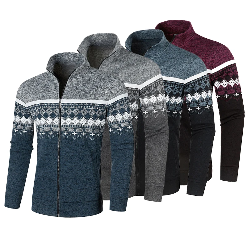 Men Fashion Casual Knitted Cardigan Zipper Warm Pullover Retro Jacquard Slim Collar Sweater Coat Street Men's Wear S-3XL