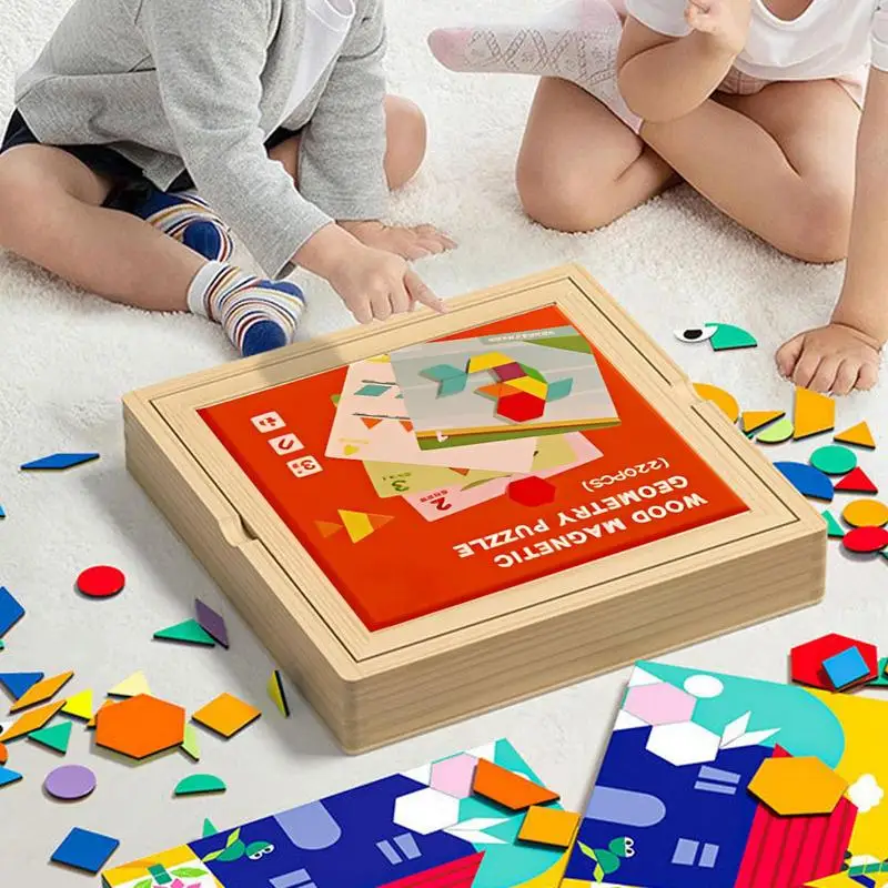 Magnetic Wooden Blocks Jigsaw Puzzle | Geometric Cubes Safe Educational Toy | Boys Kids Travel Home Birthday Gift Shape Puzzle