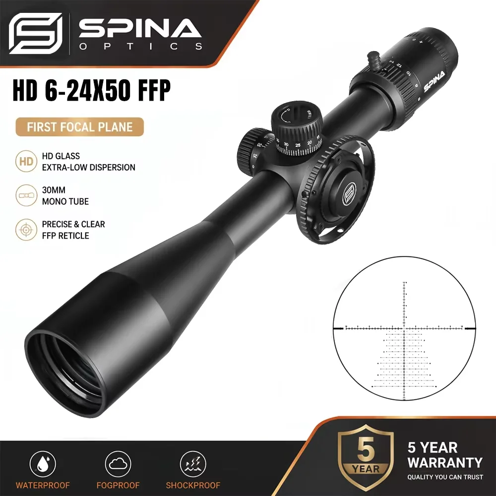 SPINA OPTICS WolfChase 6-24x50 FFP First Focal Plane Tactical Hunting Precision RifleScope Min Focus 10 yds Sight Fit PCP AR15