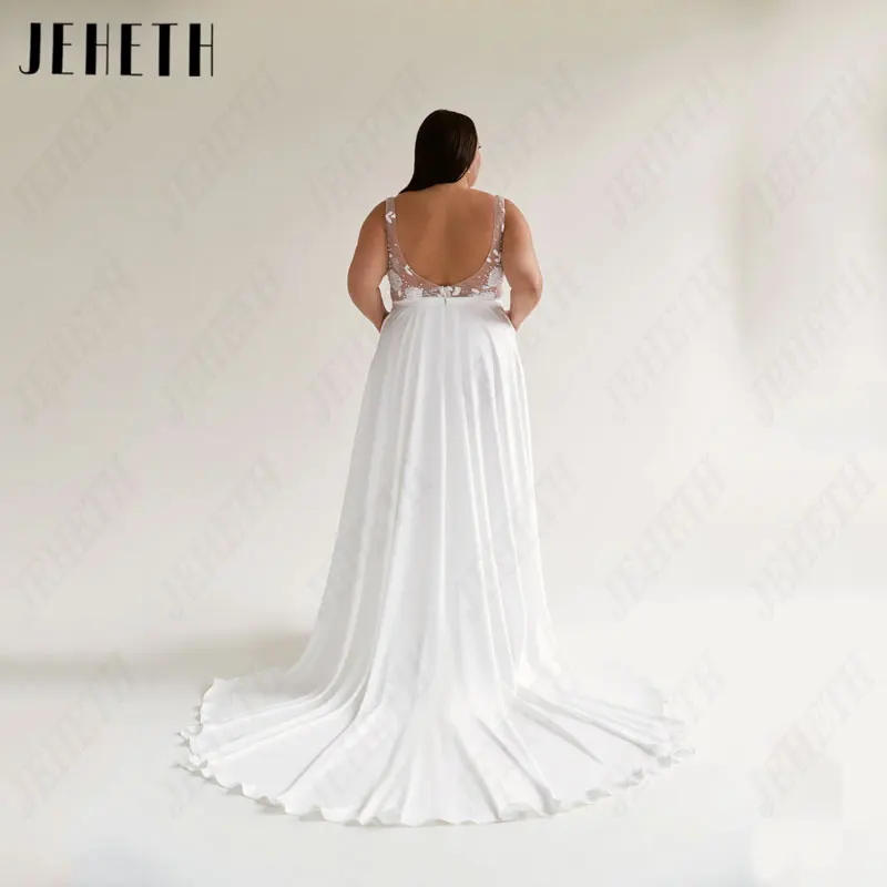 JEHETH Spaghetti Straps a-line abiti da sposa Plus Size Classic Satin Square Collar abiti da sposa Appliques White Robe De MariéeJEHETH Spaghetti Straps A-Line Abiti da sposa Plus Size Classic Raso Square Collar Abiti