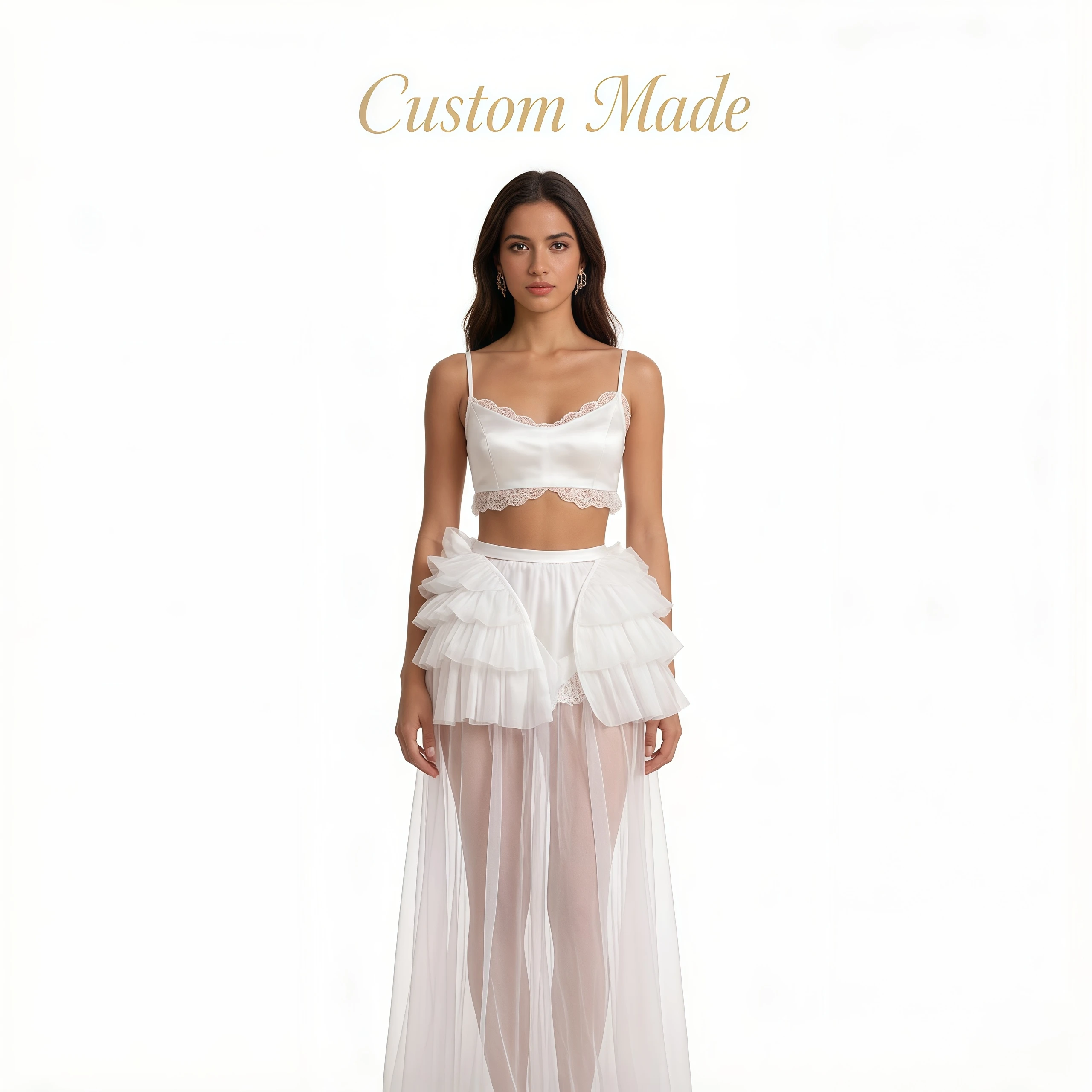 

Kitty Customized Two-Piece Wedding Dress Spaghetti Strap Lace Crop Top Ruffle Tulle Skirt High Slit Sheer Train Bridal Gowns