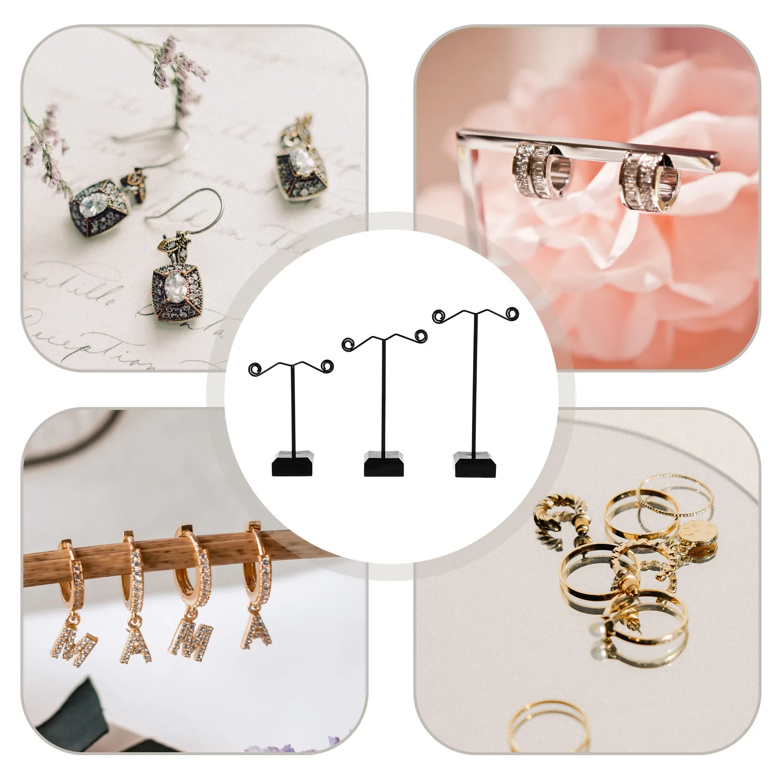 3Pcs Black Acrylic Earrings Stand Set Symmetric Classic Design Quick Access Jewelry Display Stand for Home Store Display