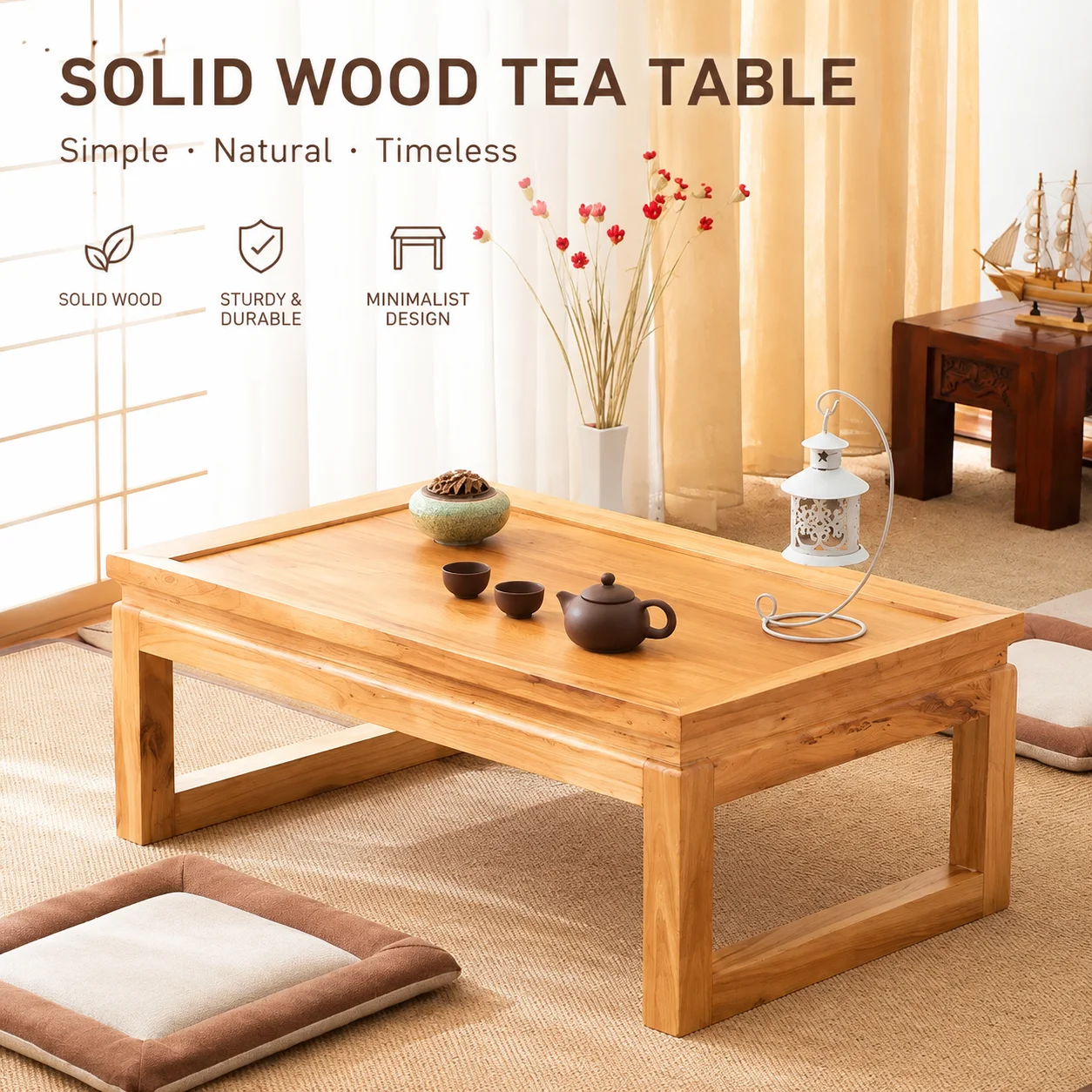 Compact Solid Wood Tatami Coffee Table for Japanese-Style Living Rooms, Multi-Use Tea or Desk Stand
