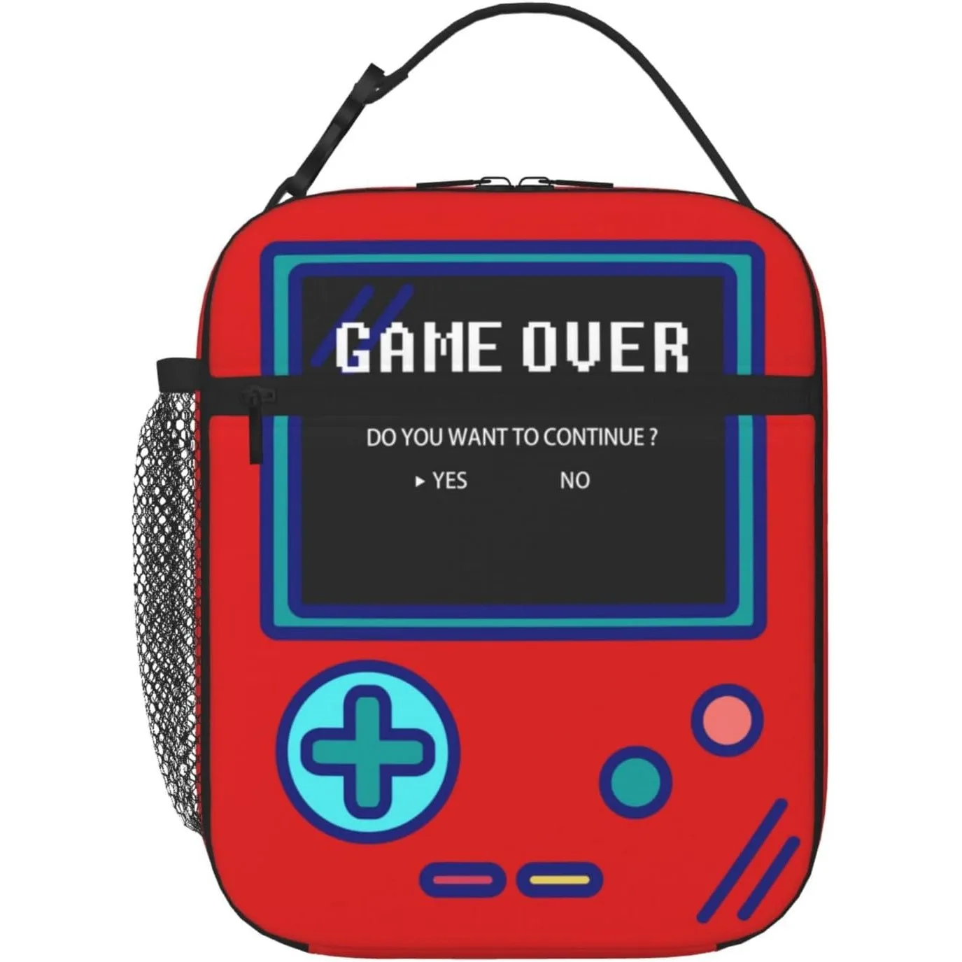 Funny Gamer Inspired Red Lunch Box Bag for Boys Girls with Mesh Pocket Insulated for Keeping Food Fresh