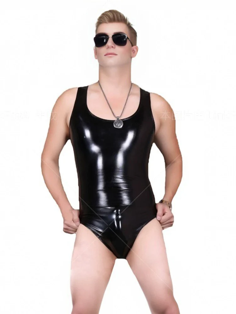 Wet Look Shiny PVC Bodysuit Tops Gym Tank Tops Man Fitness Clothing Faux Latex PU Leather Bodybuilding Hot Shaping Men's Tights