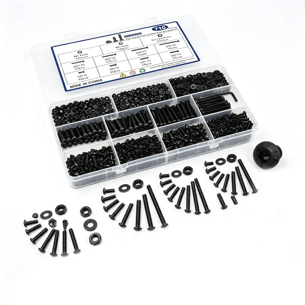 Image of 710-teiliges M3 Sechskant-Knopfkopfschrauben-Set, 10.9 legierter Stahl, schwarz verzinkt, Muttern, Unterlegscheiben, M3x6-30mm, metrisch, für 3D-Druck-Montage