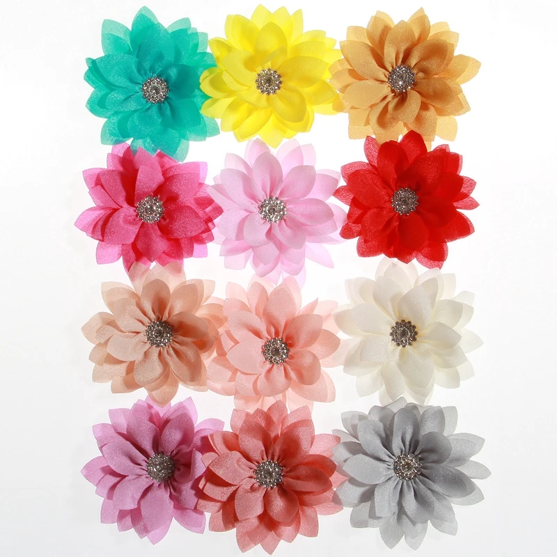 50PCS 8.5CM 3.4inch Newborn Lotus Leaf Flowers With Rhinestone For Headbands Artificial Fabric Flower For Hair Clips