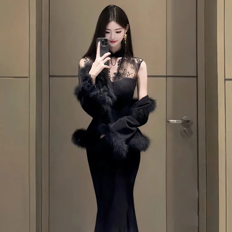 

Elegant Chinese Style Women's Outfit Luxury Sensation Lace Dress with Tail Fish Tail Skirt Two Piece Set Winter Fas...