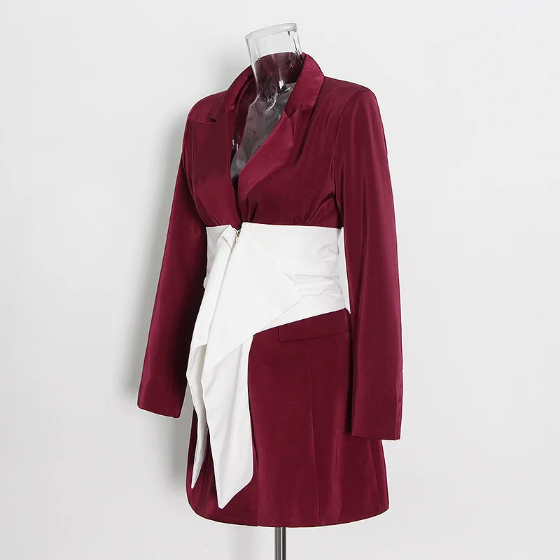 

Wine Red Hepburn Style Suit 2025 Spring New Jacket Item Satin Two Button Detachable Waistband Splicing Personalized Jacke
