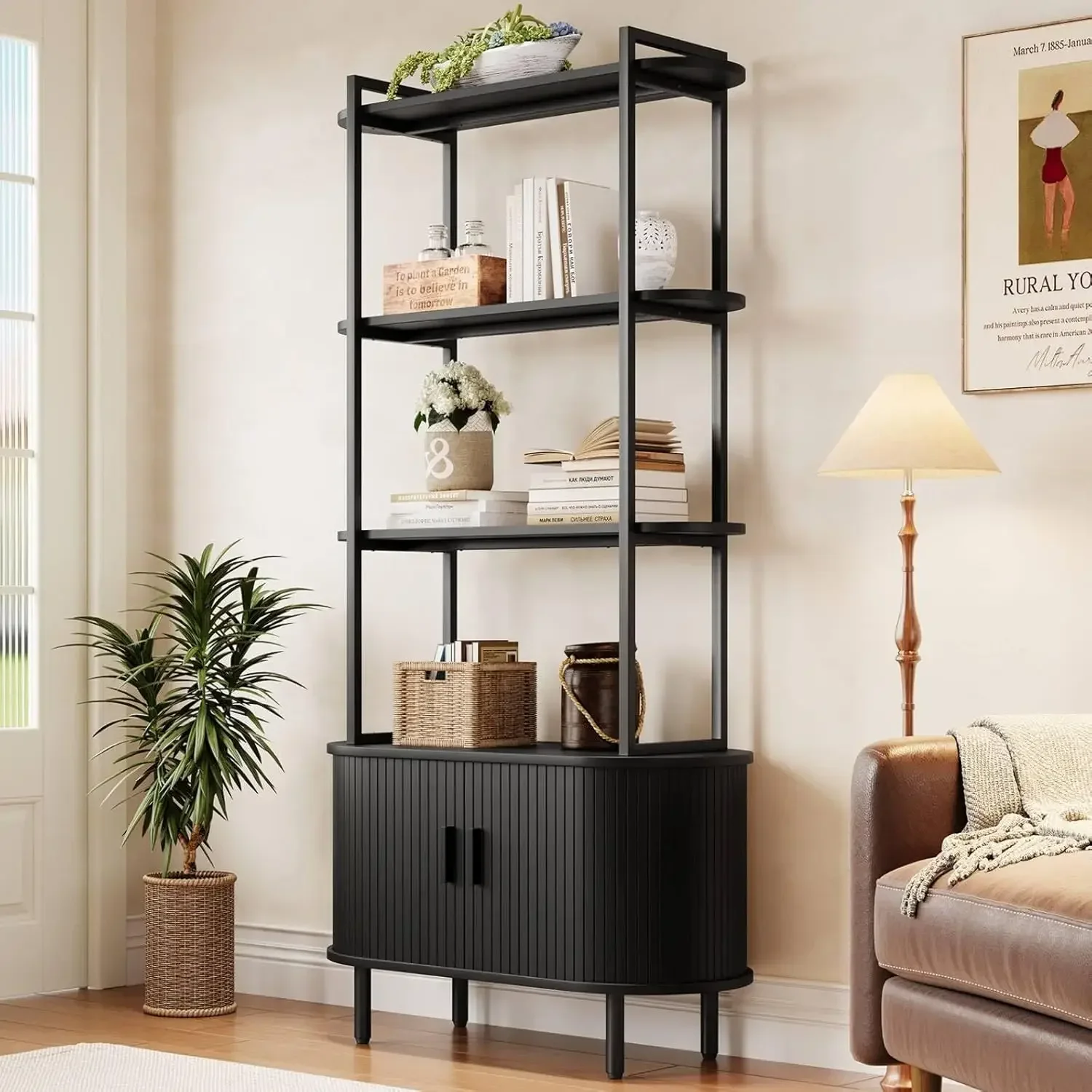 Tall 5 Tier Bookcase Cabinet Sliding Door Fluted Metal Wood Display Shelf Free Standing Storage Shelving Unit Corner Organizer L
