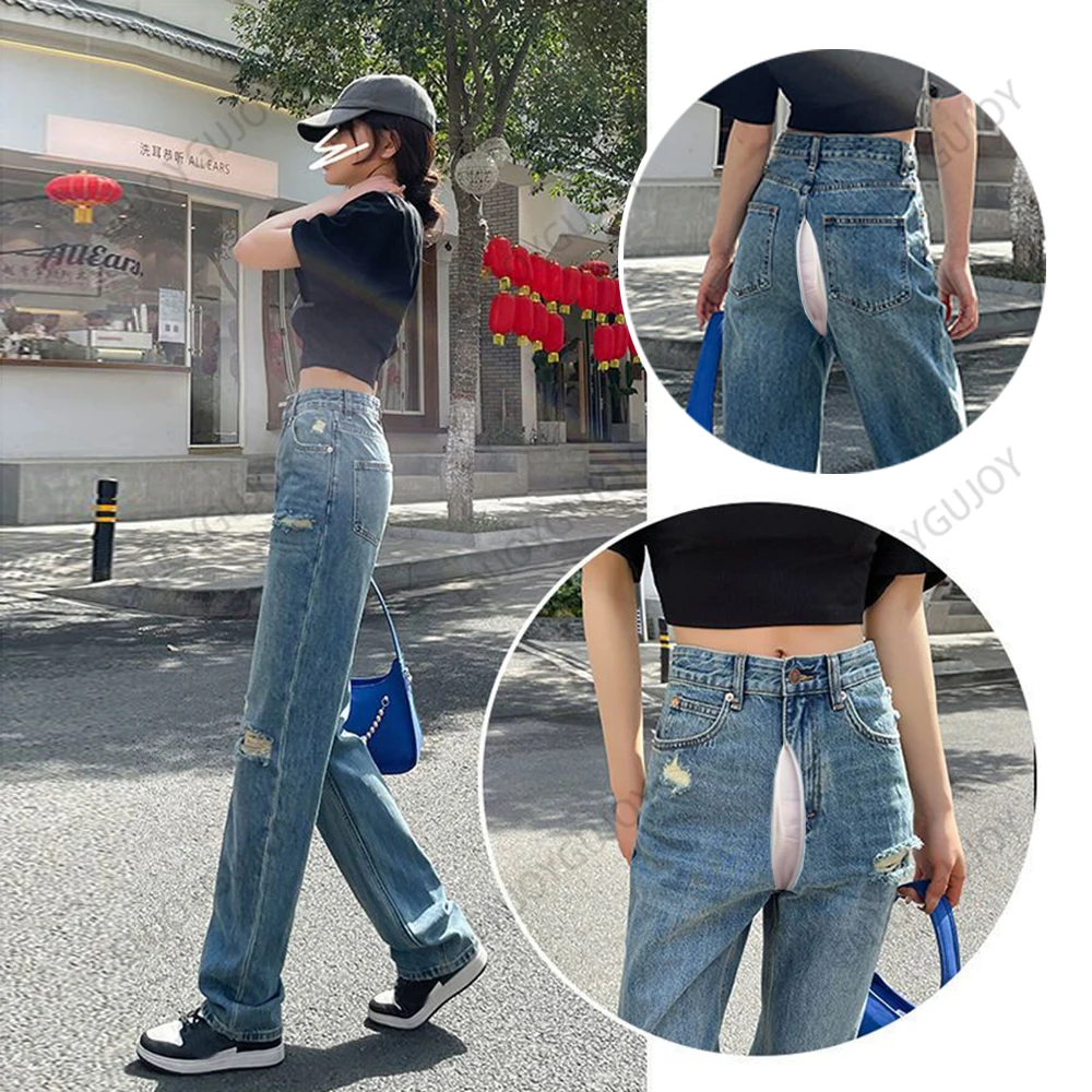 

Wide Leg Jeans for Women, Invisible Crotch, Open Outdoor Sex Fashion, Hollow Out, Loose High Waist, Straight Leg, Mopping Pants