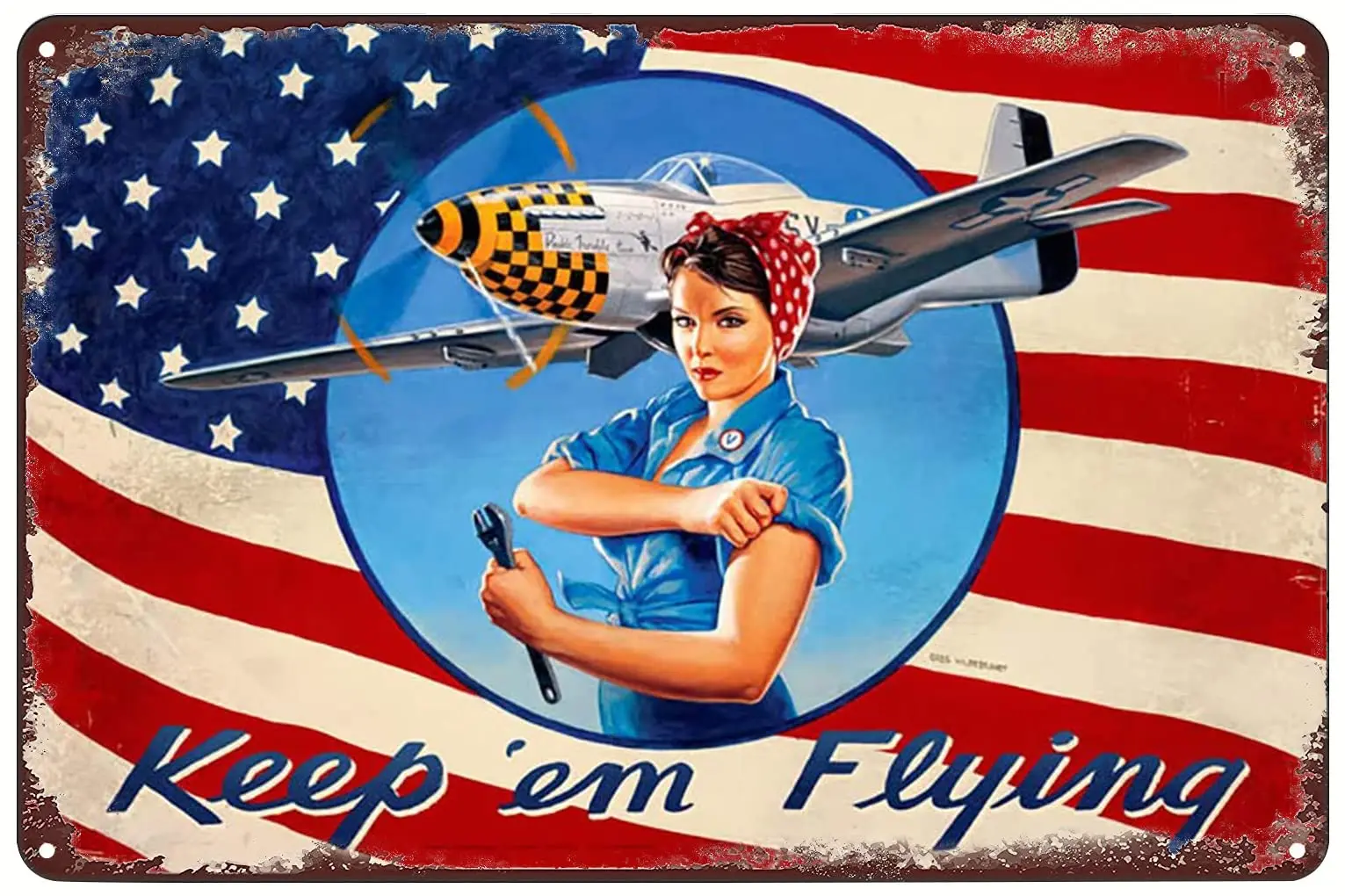 Vintage Metal Signs - Rosie Riveter Poster Keep em Flying Patriotic WWII Tin Sign Wall Art Decor Plaque for Home Bar Pub Club Ca