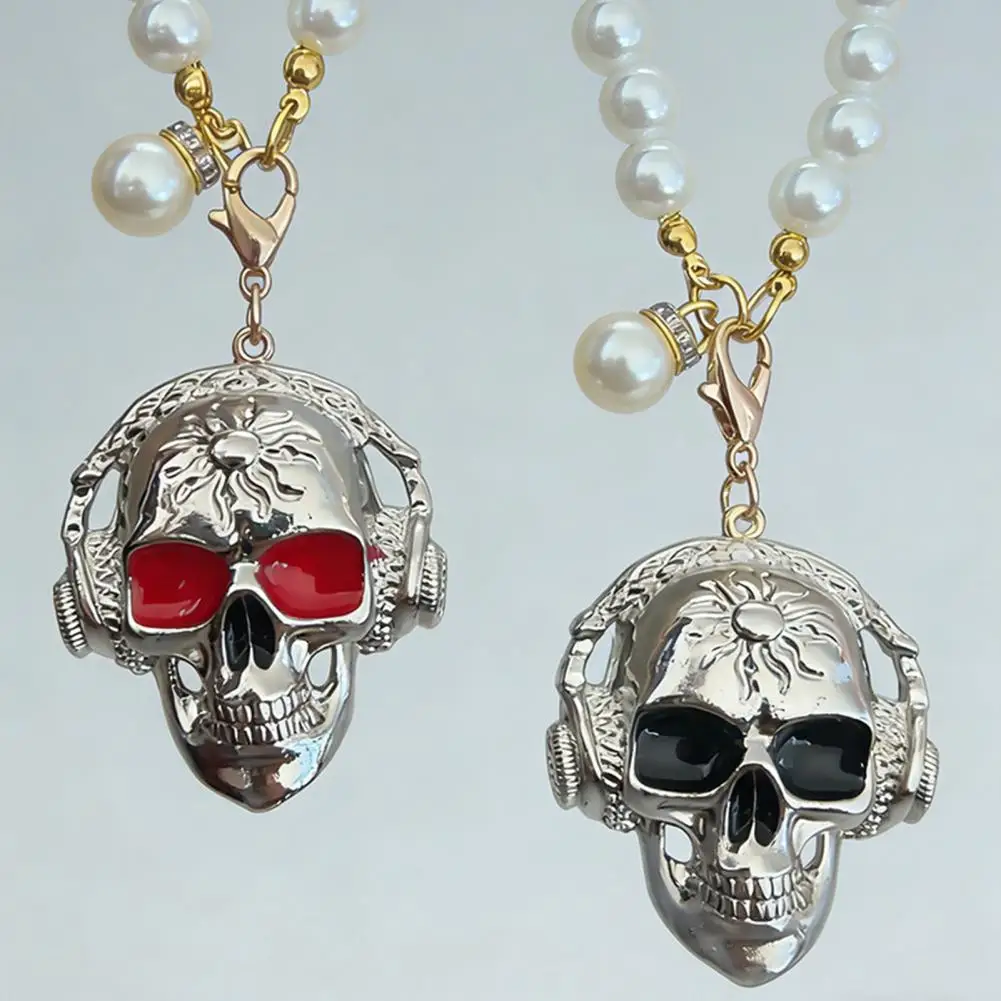 Skull Car Mirror Hanging Ornament Black White Car Decor Skull Car Hanging Ornament Faux Pearl Chain Auto Rear View for Men view 2