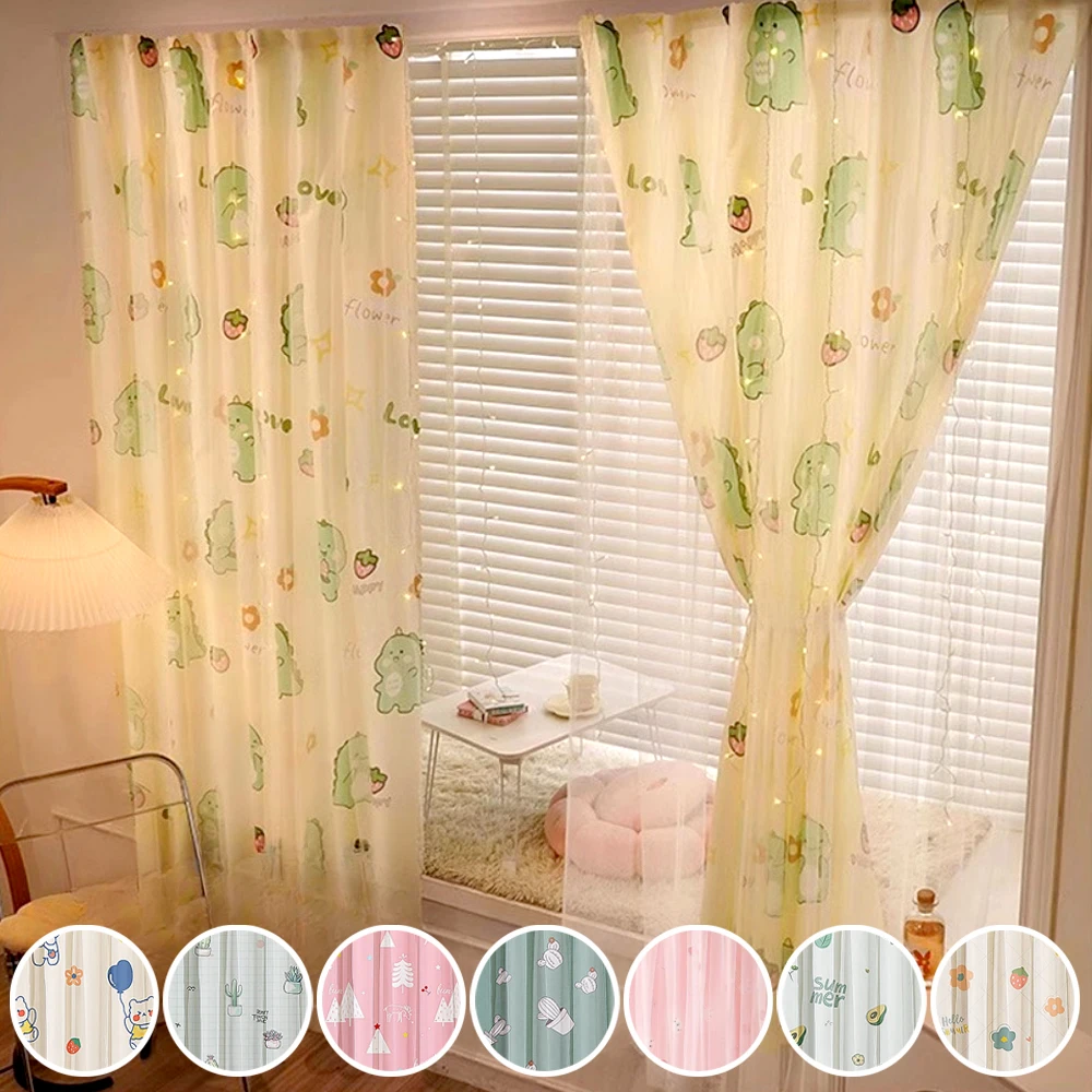 

Cute Printed Kids Girls Bedroom Curatins Easy Install Blackout Drapes for Living Room Kitchen Double-layer Mesh Screen Curtains