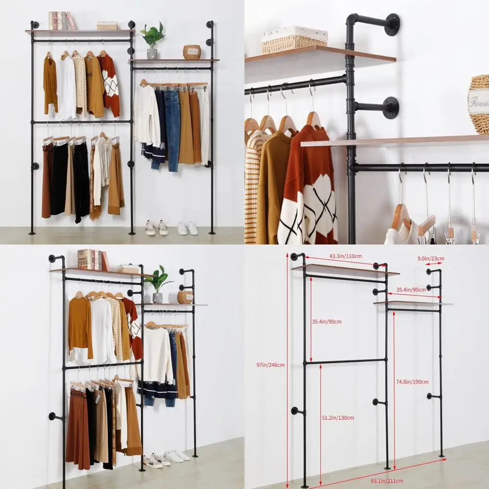 Industrial Pipe Clothing Rack with 2 Shelves, Clothes Rack Wall Mounted Heavy Duty Clothing Store Display Stands Garment Rack Cl