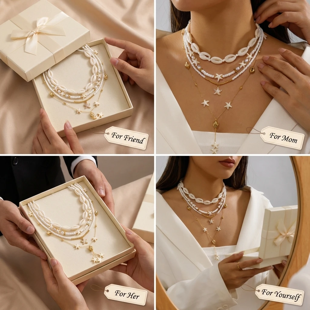 Böhmische Muschel-Seestern-Quasten-Halsketten-Sets für Frauen Handgefertigte Reisperlen-Stapel-Halsketten Trendiger Sommer-Strandschmuck – Detail 3