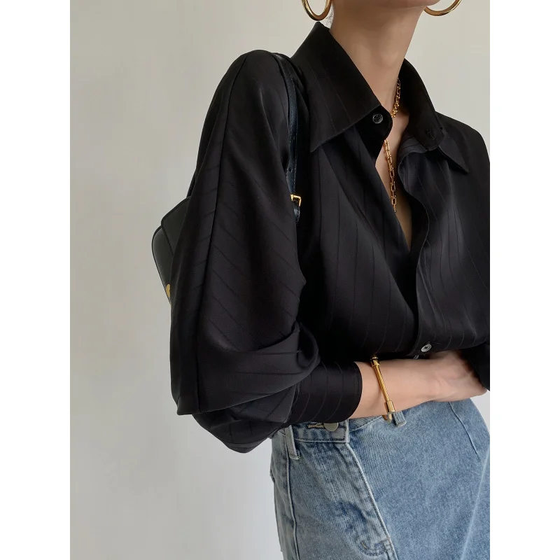 

High-Grade Black French Acetate Satin Shirt Women's Spring and Summer Striped Shoulder Chiffon Chic Coat Top