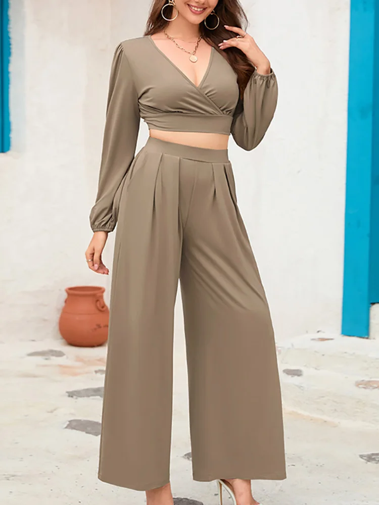 Drauuing Women Solid Top And Pants Outfits Chic Female Wide Leg Pants Office Two Piece Set V Neck Pockets Trousers Matching Suit