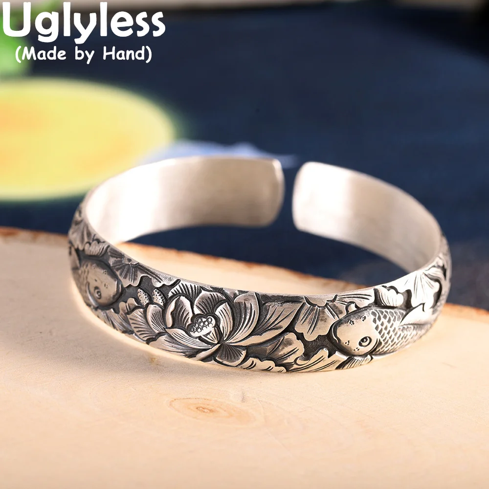 Uglyless Genuine 999 Full Silver 14MM Wide Bangles for Women Carved Carp Fish Bangles 3D China Chic Lotus Jewelry Thai Silver