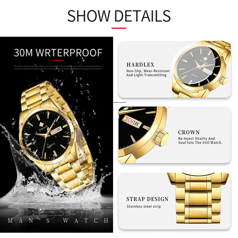 WWOOR New Watch For Men Quartz Mens Watches Top Luxury Brand Male Gold Waterproof Watch Stainless Steel Relogio  Masculino Free