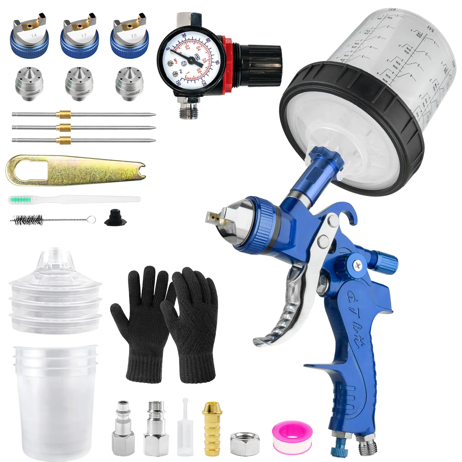 HVLP Spray Gun With 1.4/1.7/2.0mm 3 Nozzles, W/10Pcs 650CC  Mixing Cups, Automotive Gravity Feed Paint Gun Kit for Car Painting