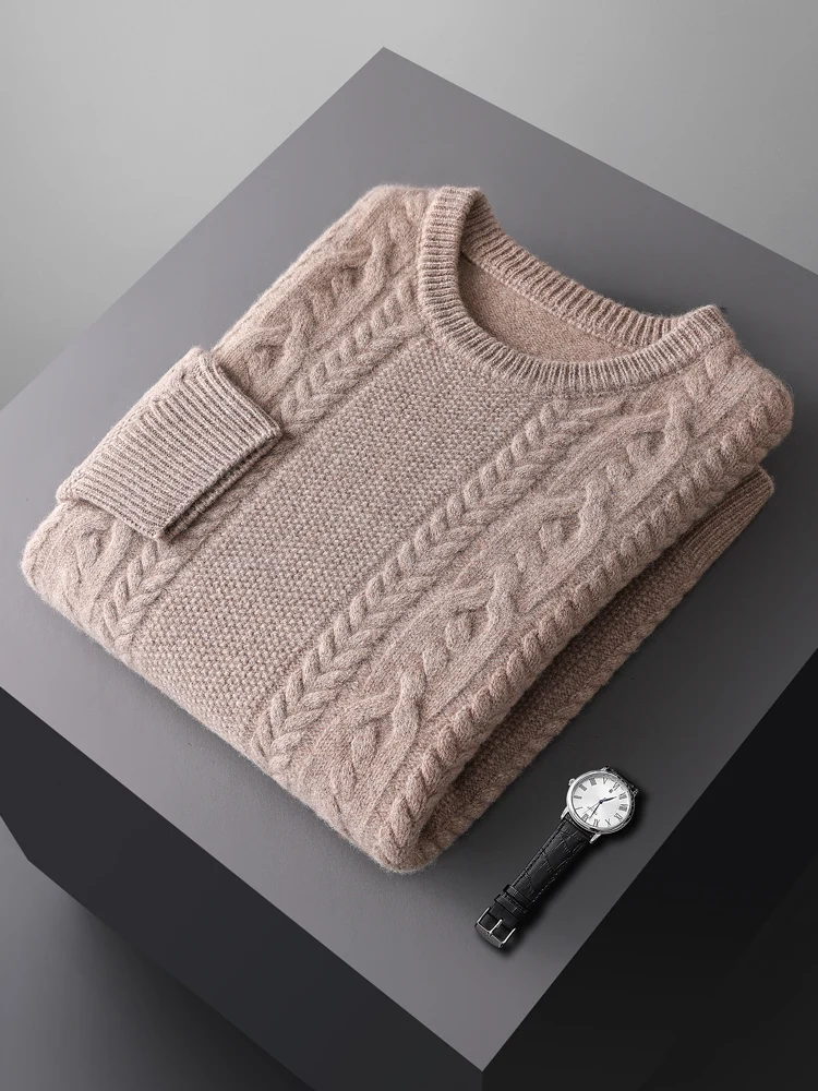 

O-Neck Cable Stitch Pullover Autumn Winter Men's 100% Merino Wool Knitted Sweater Smart Casual Tops Soft Warm Fashion Clothing