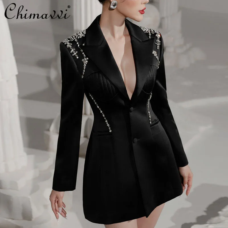 

2023 Autumn and Winter Deep V-neck Slim Black Blazer Suit Dress Mid-Waist Diamond A- Line Blazer Coat