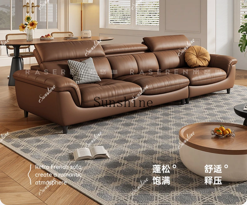 

Small apartment with leather sofa, simple three-person straight row adjustable Italian caramel color in the living roomP