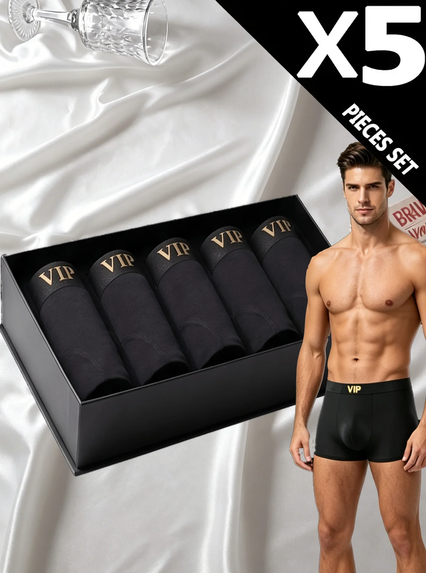 5-pack men's VIP luxury underwear is made of soft, comfortable, breathable pure black flat angle underwear for casual daily use