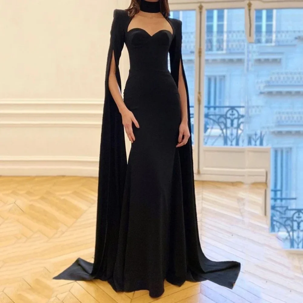 

Elegant Long Black High Neck Spandex Evening Dresses Full Sleeves Mermaid Floor Length Vestidos De Noche