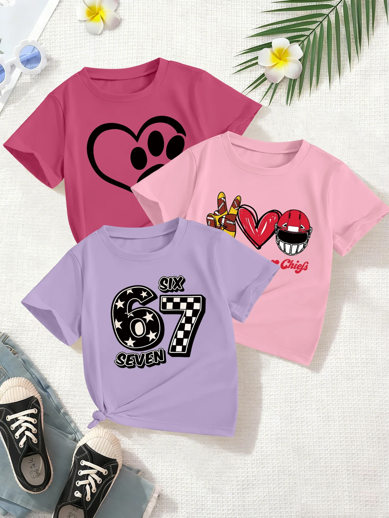 

3 Pieces, Valentine's Day, Cartoon Heart, Number 67 Pattern Print, Sweet and Cute Casual T-Shirt for Girls