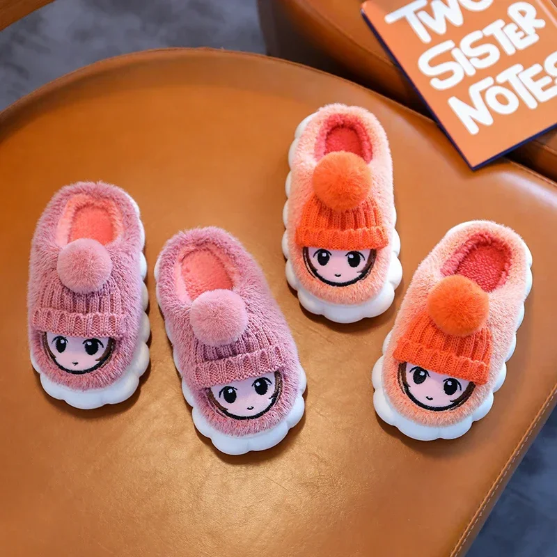 Winter Aged 2-10 Girls Antiskid Cotton Shoes Children\'s Cute Cartoon Home Indoor Mule Plush Slippers Warm Furry Kids Footwear