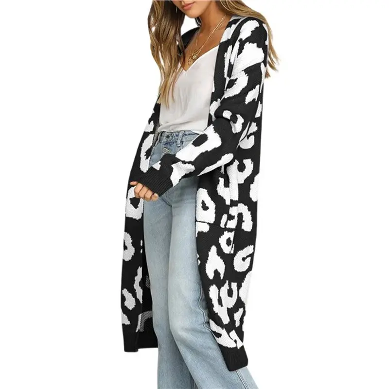 

ABRT-Women's Cardigan Sweaters Leopard Long Sleeve Open Front Outwear Fall Winter Loose Knit Cheetah Long Cardigan