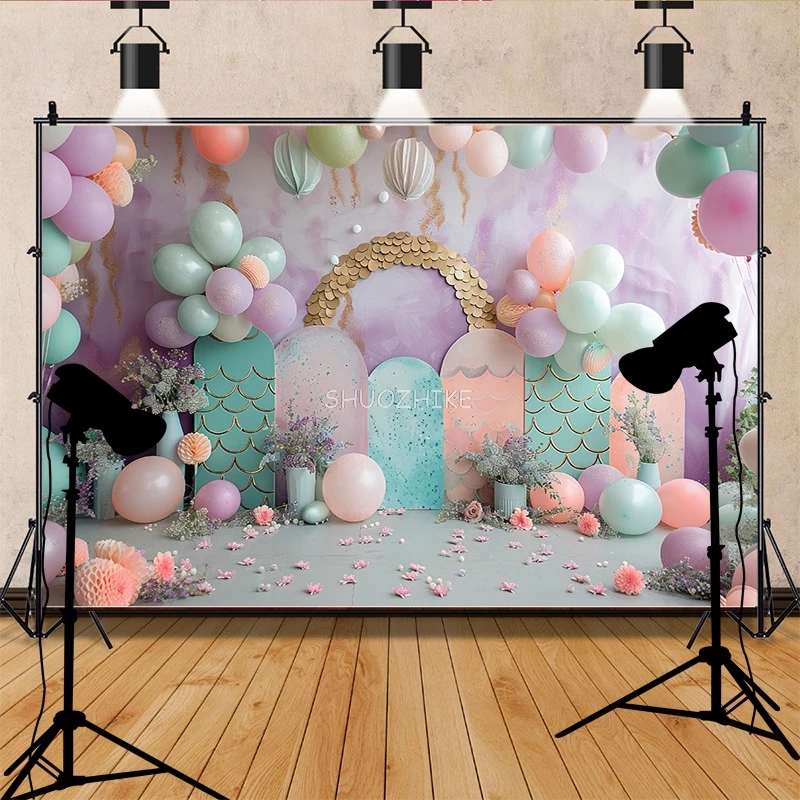 

Fairy Castle Mermaid Seashells Circus Tent Photography Backdrops Balloons Birthday Party Decor Photo Studio Background NR-03