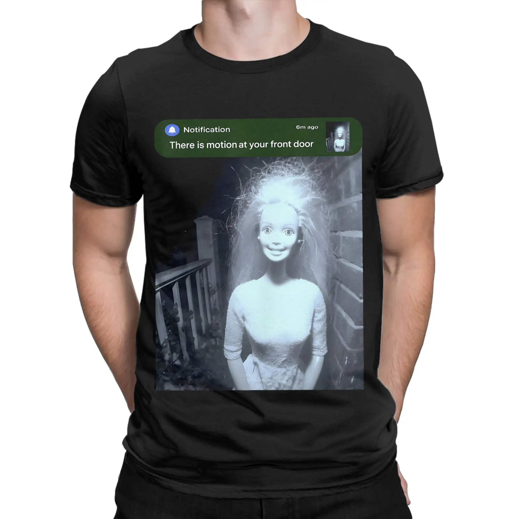 there is motion at your front door creepy doll face meme  Print T Shirts Men Women  100% Cotton  Tee Shirt Clothes