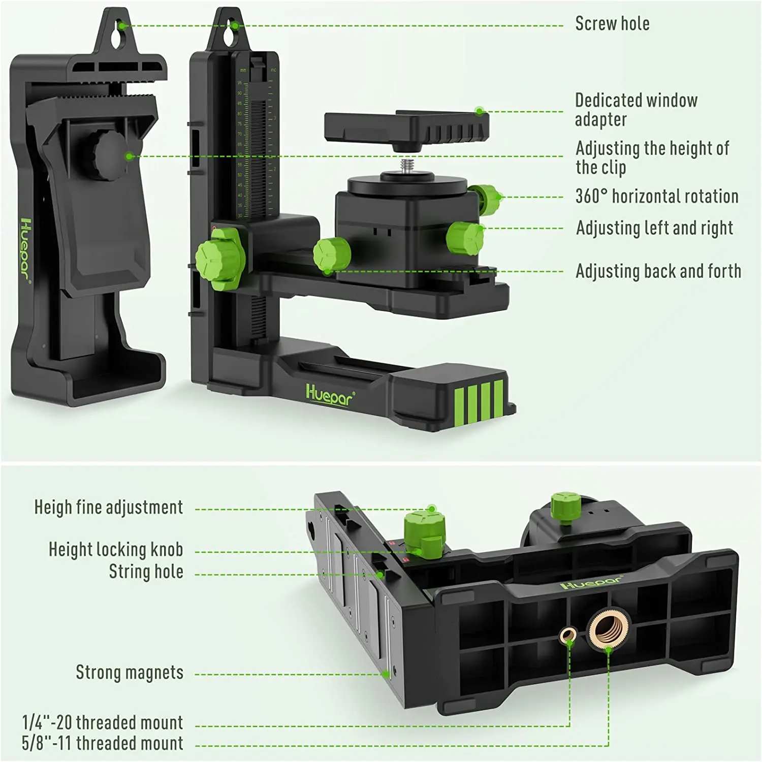 Huepar PV11 Laser Level Bracket Fine-tuning Mount 360° Rotation Magnetic Pivoting Base with Height Adjustable Spring Back Clip