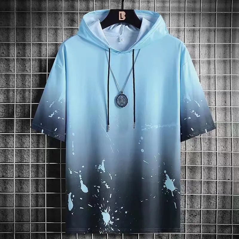 Sudadera con capucha de manga corta para hombre, ropa de calle de moda, estilo Hip Hop, informal, Harajuku, Splash ink