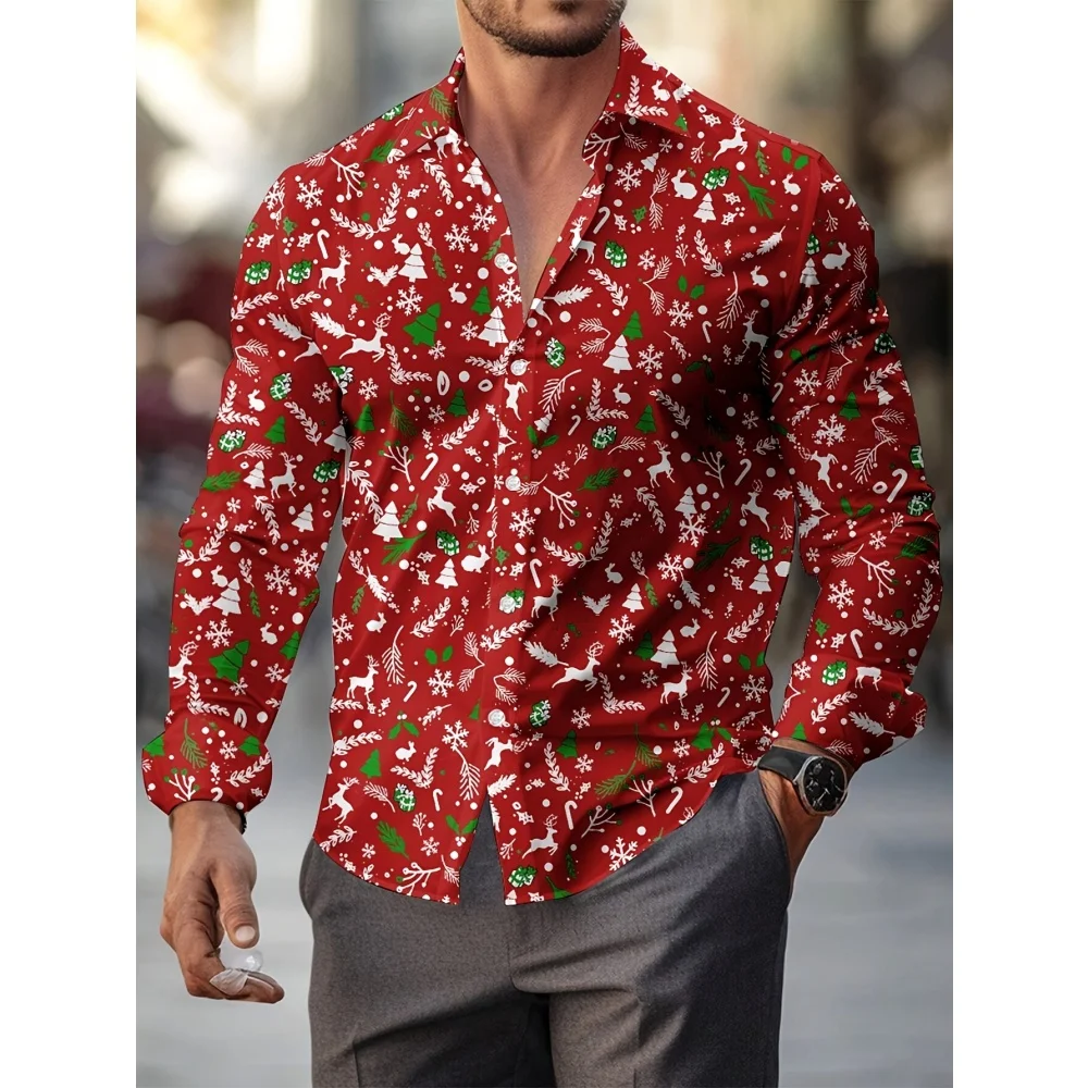 

Christmas Elements Long Sleeve Shirt for Men 3D Print Santa Clause Graphic Button Lapel Shirt Fashion Novelty Autumn Winter Tops