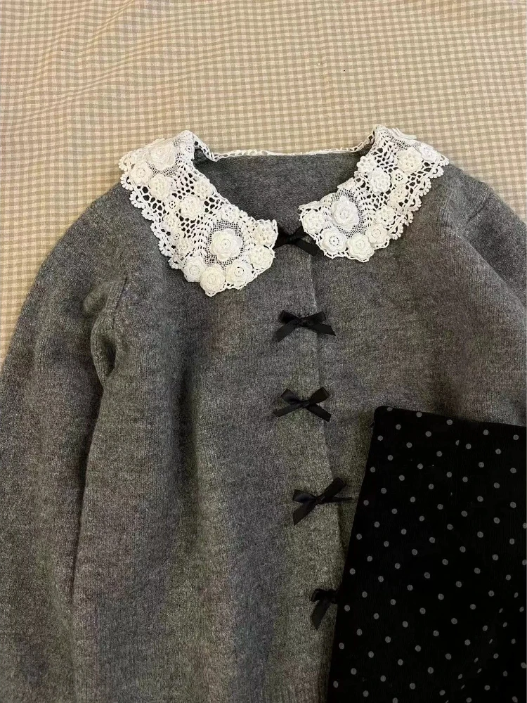 Autumn Sweet Pretty Coat Women Chic Design Long Sleeve Lace Doll Collar Tops Female Korean Fashion Solid Knitting Cardigan New