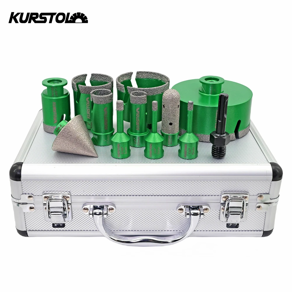 KURSTOL 12pcs/set 6-100mm Diamond Core Drill Bits+Finger Bit+Chamfer Bit+SDS Adapter Porcelain Marble Tile 5/8-11 Hole Cup Saw