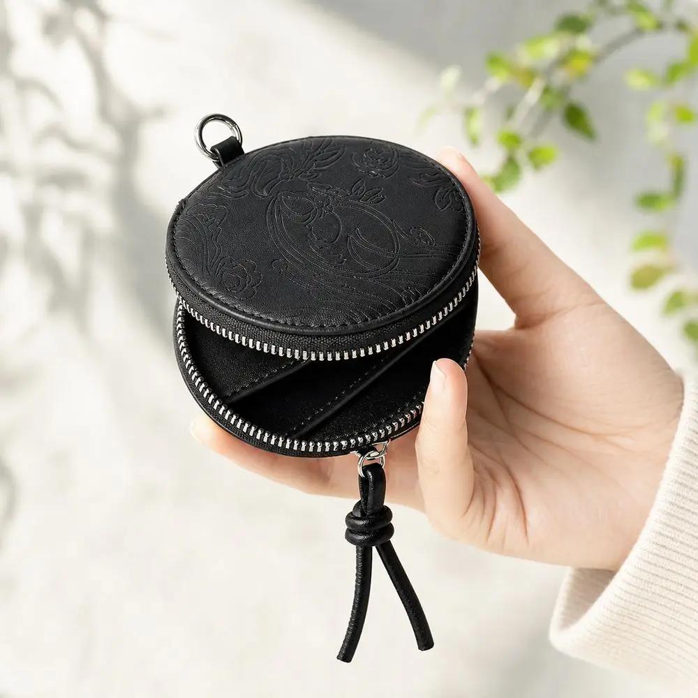 PU Leather Round Coin Purse Embossed Pattern Round Shape Change Purse Zipper Closure Cord Pull Metal Hanging Ring Daily Carry